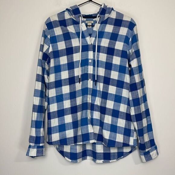 L.L. Bean Blue Plaid Flannel Button Up Hoodie S - Picture 1 of 6
